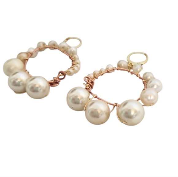 18K Gold Plated Faux Pearl Cooper Hoop Huggie Earring - Picture 2 of 6